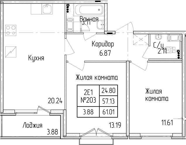 2-комнатная квартира 57.13 м², 3/4 эт., ЖК «Любоград в Стрельне»